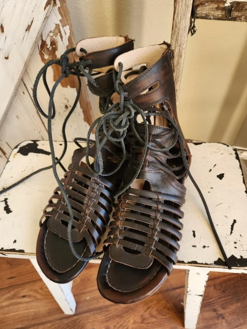 freebird Dark Brown Leather Lace-Up Gladiator Sandals